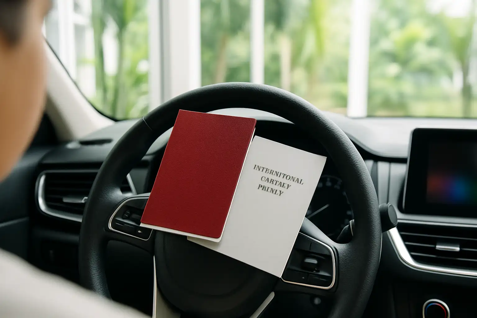 マレーシアの道路で運転をしている日本人ドライバーが、運転免許証を握りしめている場面