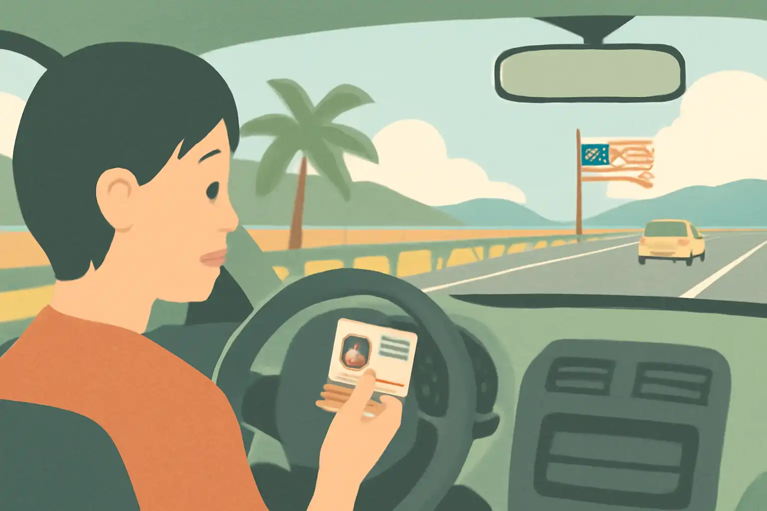 マレーシアの道路で運転をしている日本人ドライバーが、運転免許証を握りしめている場面