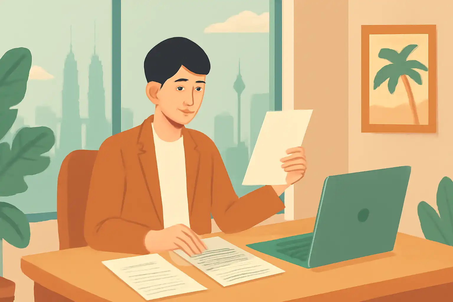 オフィスデスクで給与明細と契約書を確認する現地採用社員。
