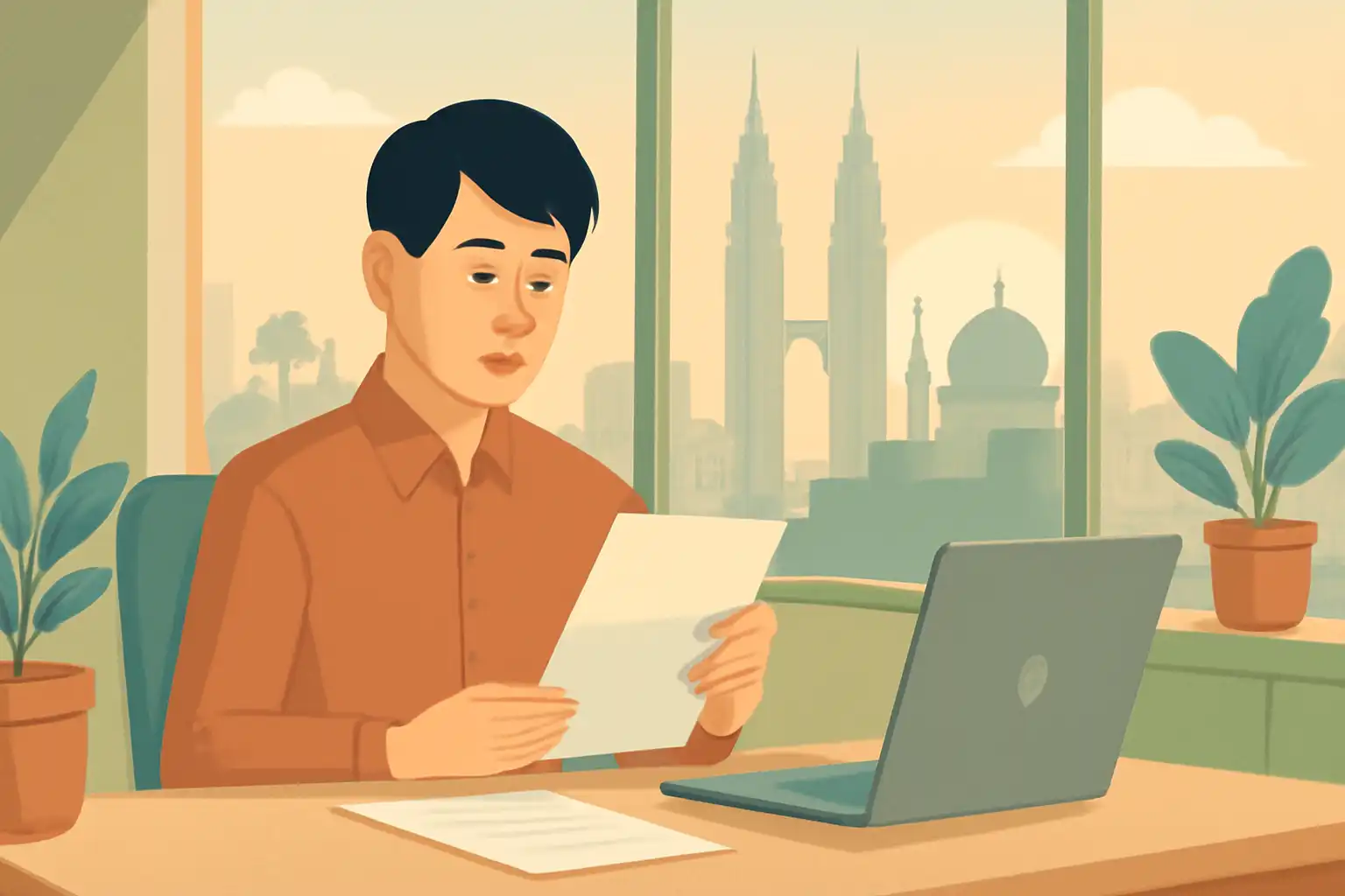 マレーシアのオフィスで給与明細と雇用契約書を確認する現地採用社員
