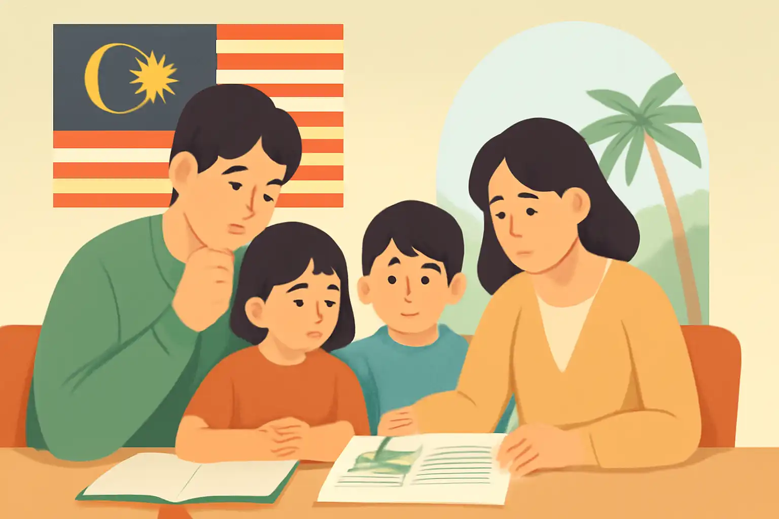 ダイニングテーブルで資料を広げながら真剣に話し合う夫婦と、その様子を見守る子どもたちの家族会議の場面。