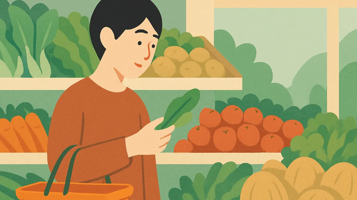 スーパーで買い物かごを持ち野菜を選ぶ人