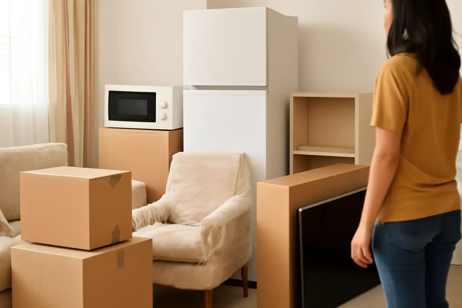 マレーシアの部屋で、家具や家電に囲まれながら、チェックリストを見て考え込む日本人女性