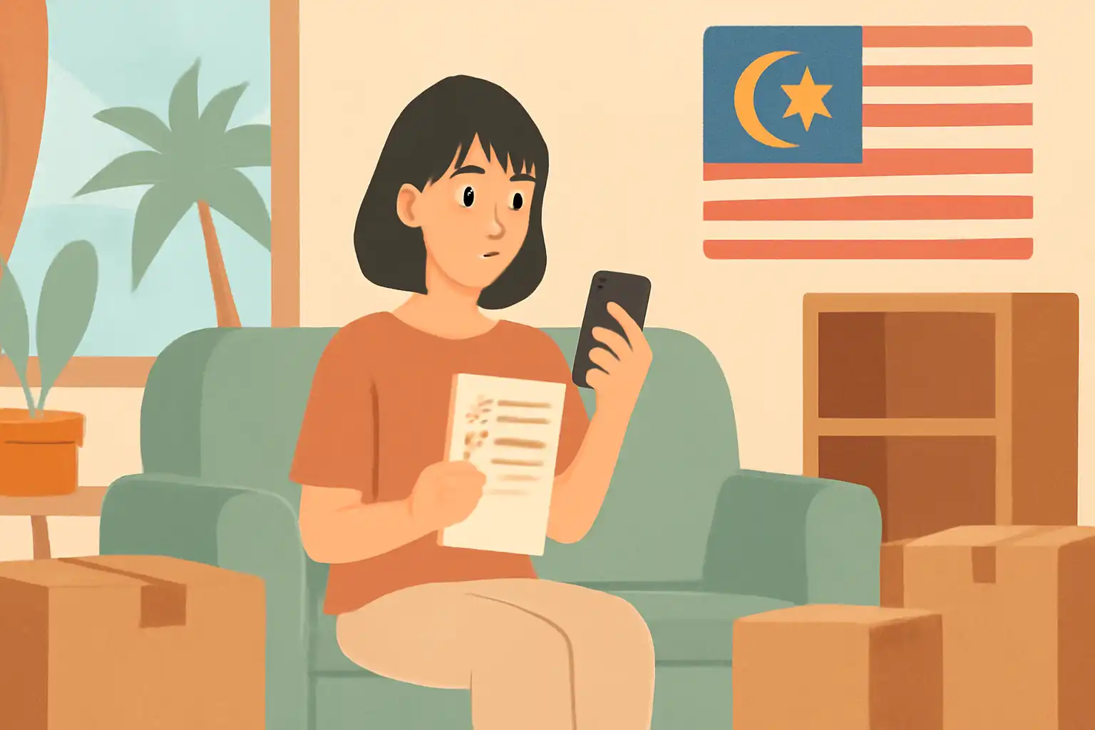 マレーシアの部屋で、家具や家電に囲まれながら、チェックリストを見て考え込む日本人女性