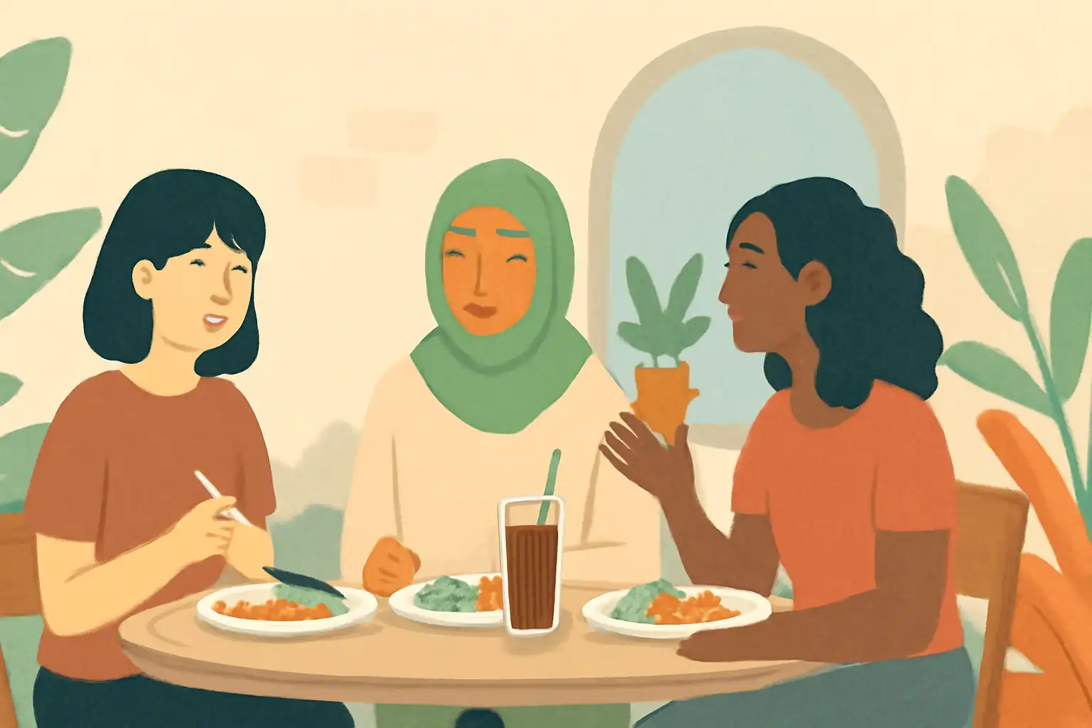 マレー系の女性とインド系の女性と日本人女性が、カフェで一緒にお茶をしながら談笑している場面