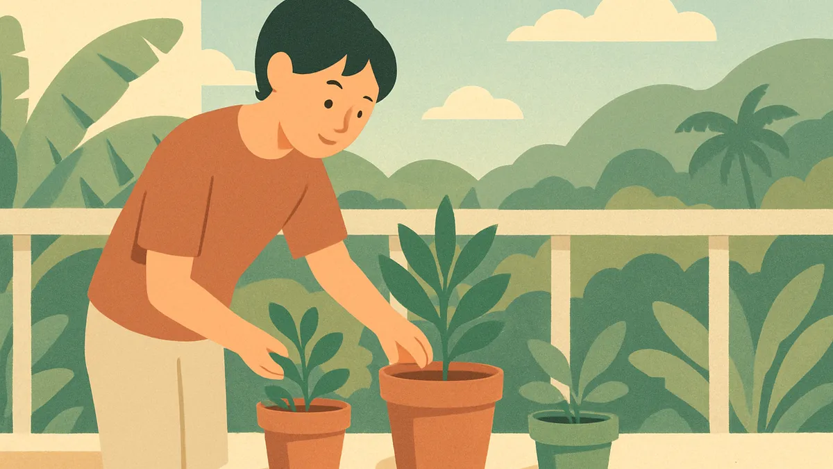 ベランダの植木鉢まわりで水たまりを点検している人の様子
