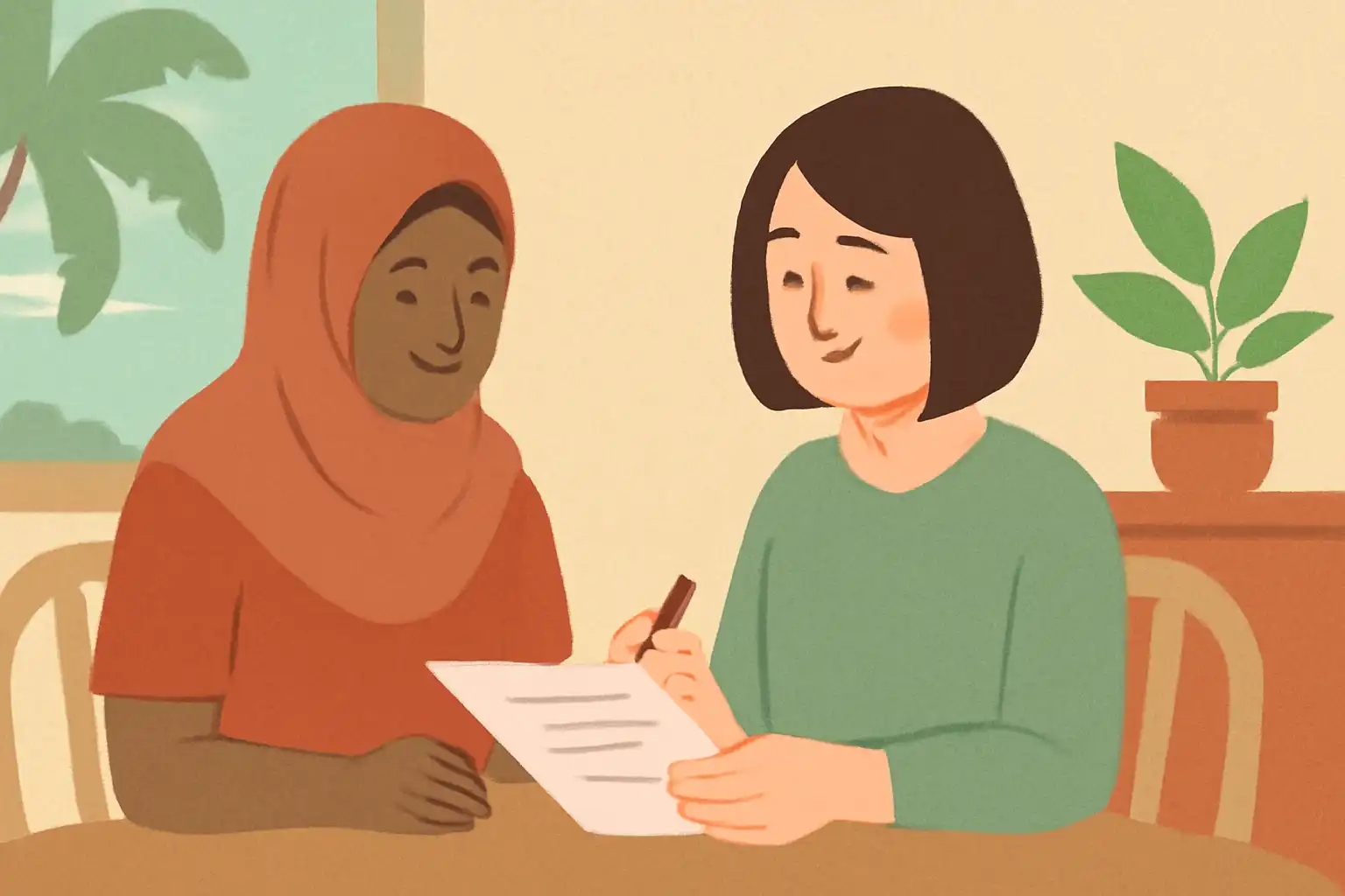 マレーシア人女性ヘルパーと日本人女性雇い手が机でペンを持ち、契約書を前に握手している場面