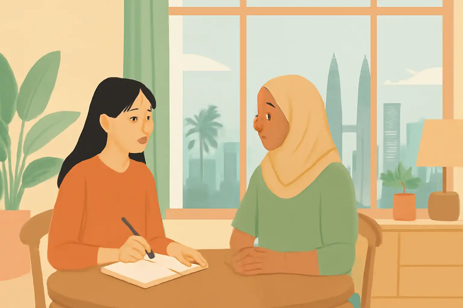 マレーシアの家庭でヘルパーと雇用主がリビングで話し合っている様子
