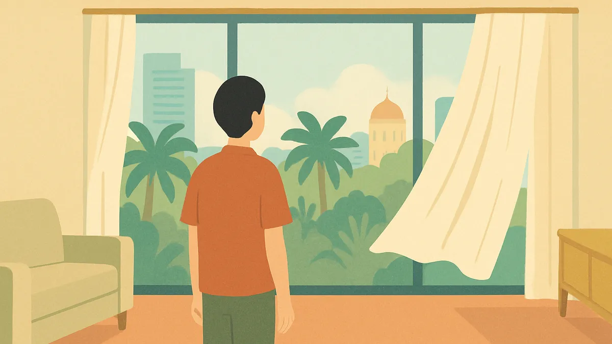 コンドミニアムの部屋を内見する人と窓からの街並み