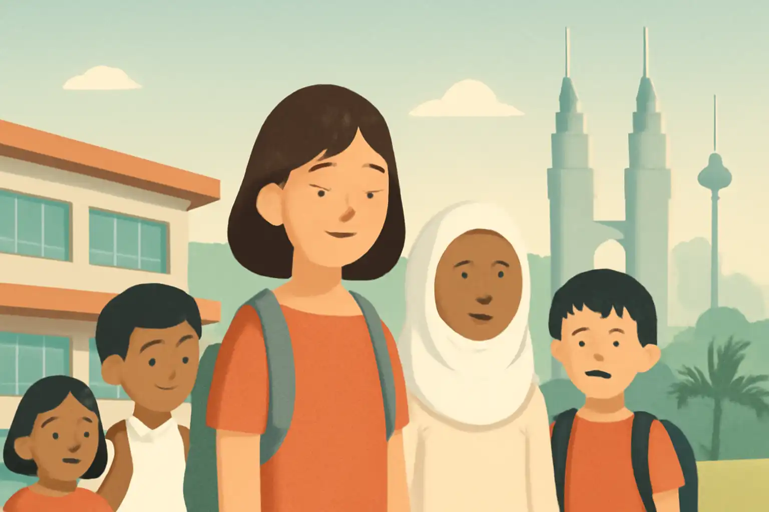 クアラルンプールのビジネス街で、異なる年代の子どもたちが校舎の前で集まっている様子。