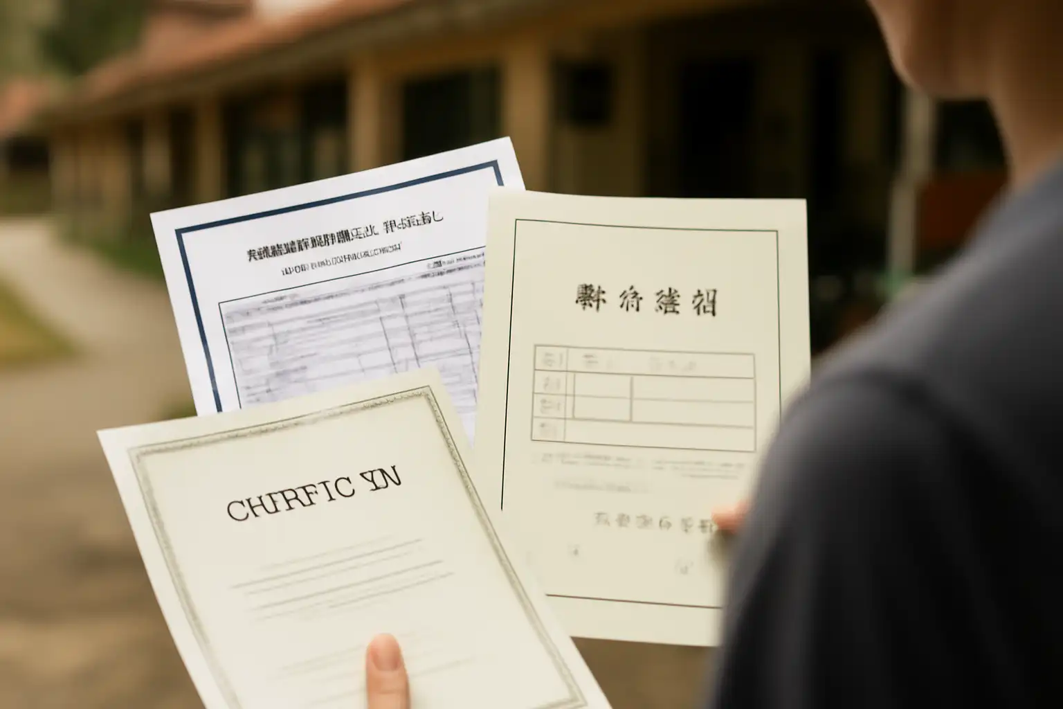 マレーシアのインター校から日本の学校への編入に際し、英文の成績表と修了証をデスクに広げて確認する保護者