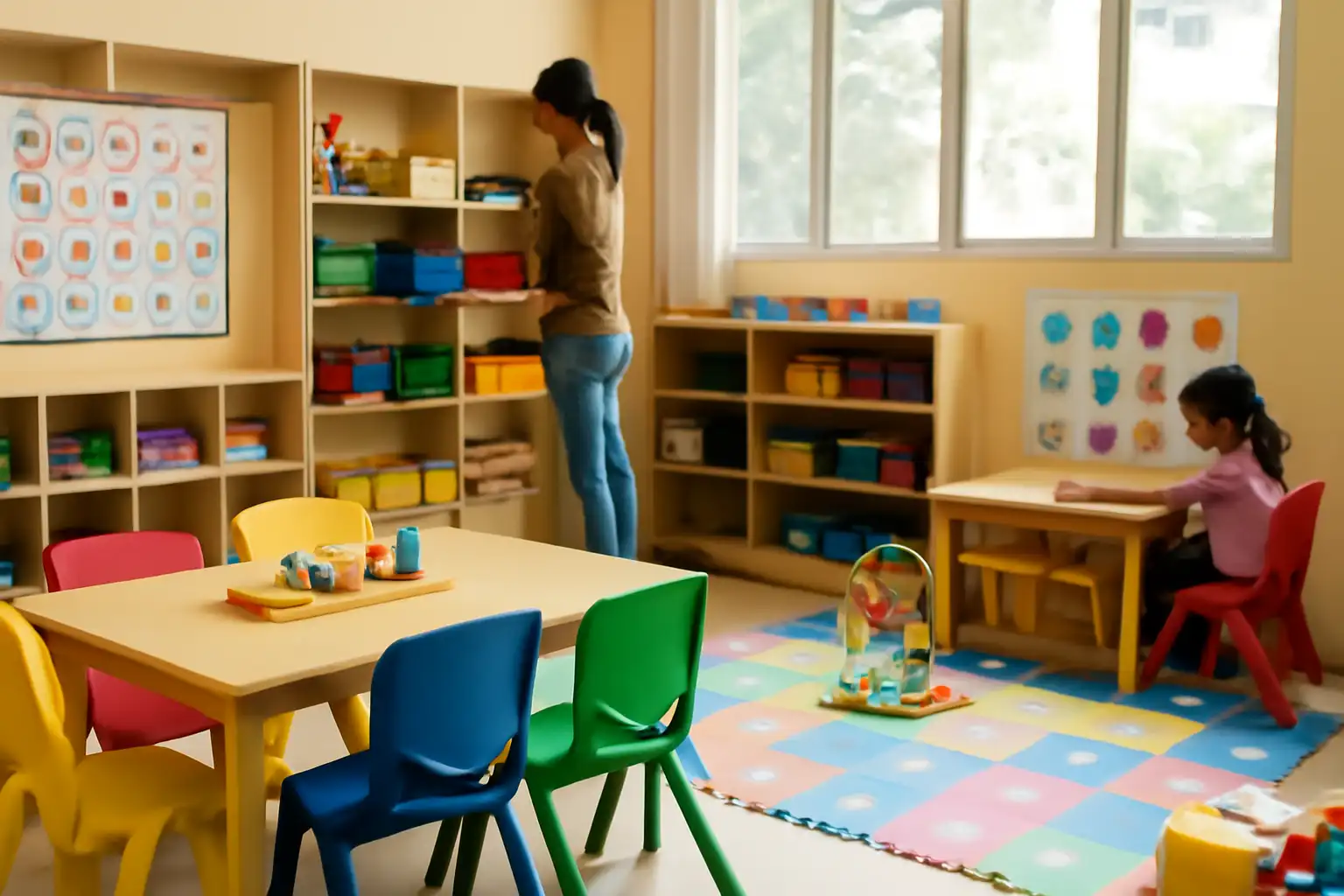 明るい保育室で遊ぶ小さな子どもたちと見学する保護者