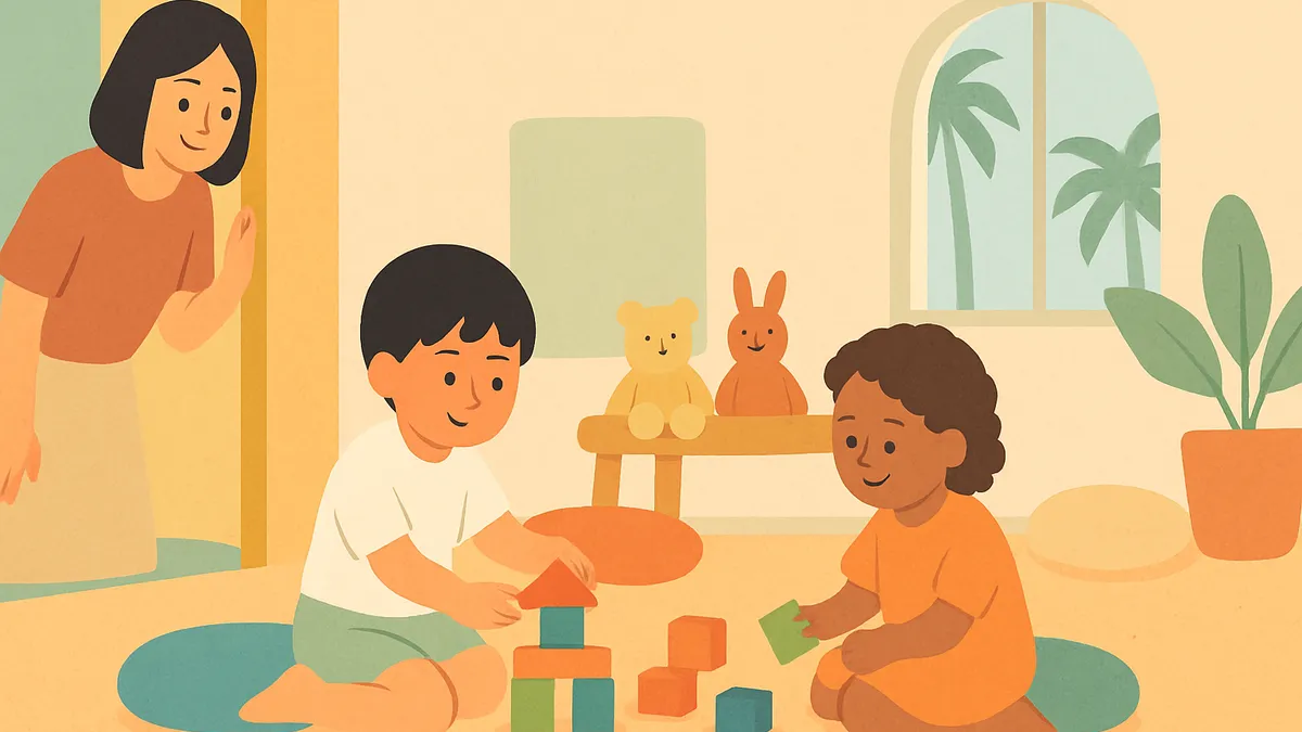 明るい保育室で遊ぶ小さな子どもたちと見学する保護者