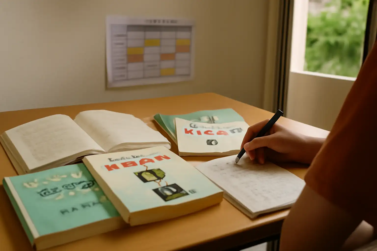 週末の教室で日本語の本を読む小学生と黒板のある教室