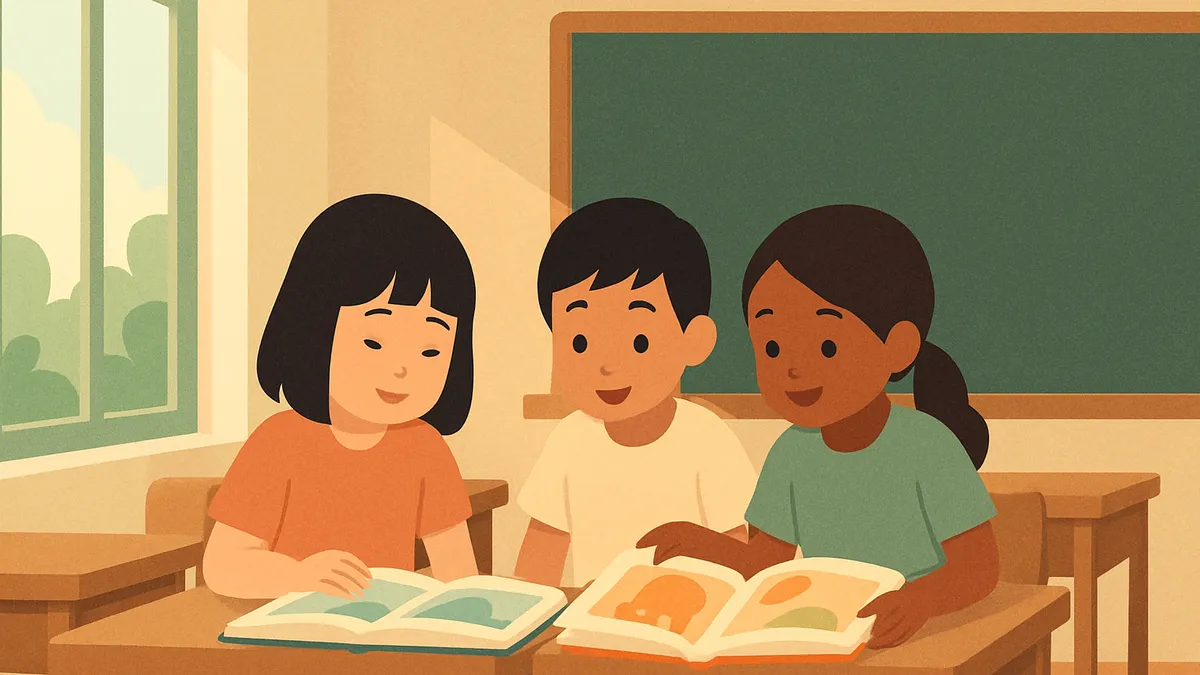 週末の教室で日本語の本を読む小学生と黒板のある教室