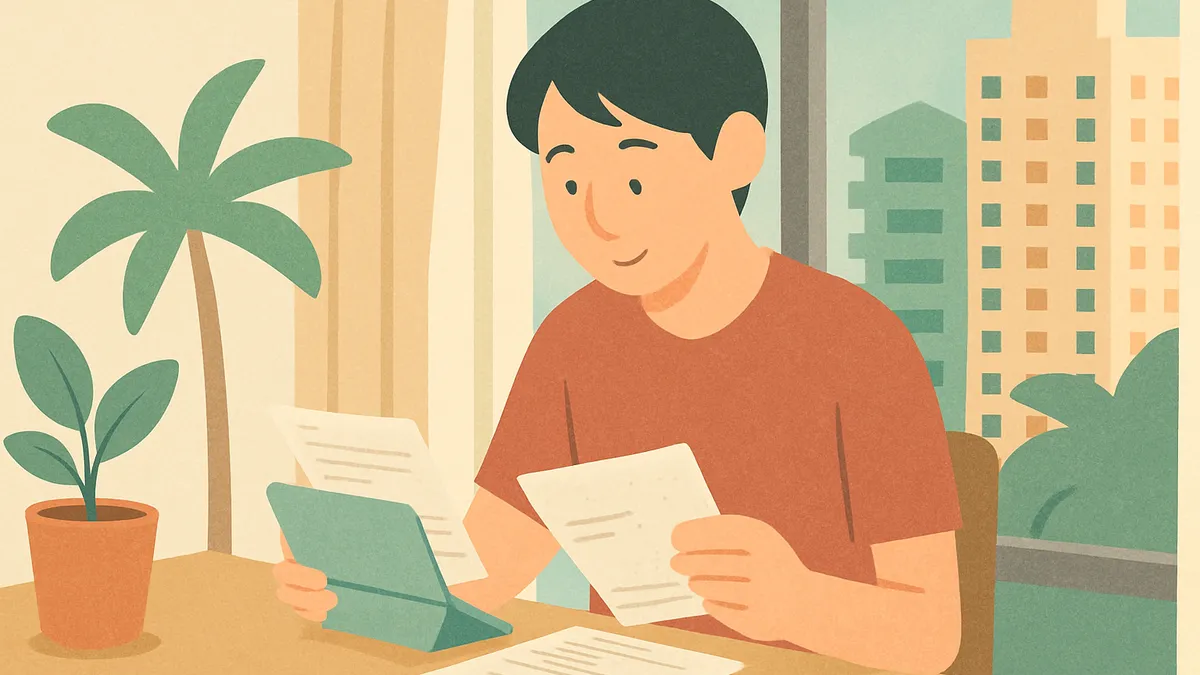帰国前に銀行の書類と通帳を見ながら口座の扱いを考える様子