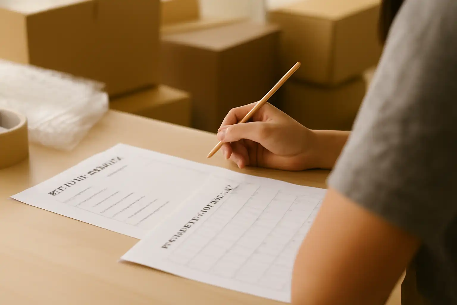 カレンダーに帰国準備の予定を書き込みながら荷造りの計画を立てる様子