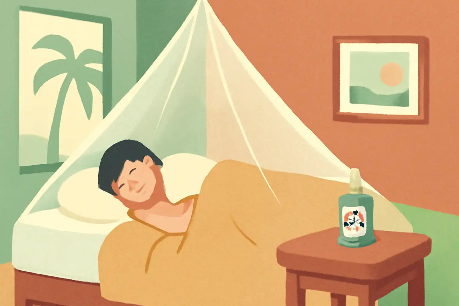 蚊帳の中で眠る女性と、室内の蚊忌避スプレーが置かれたテーブル