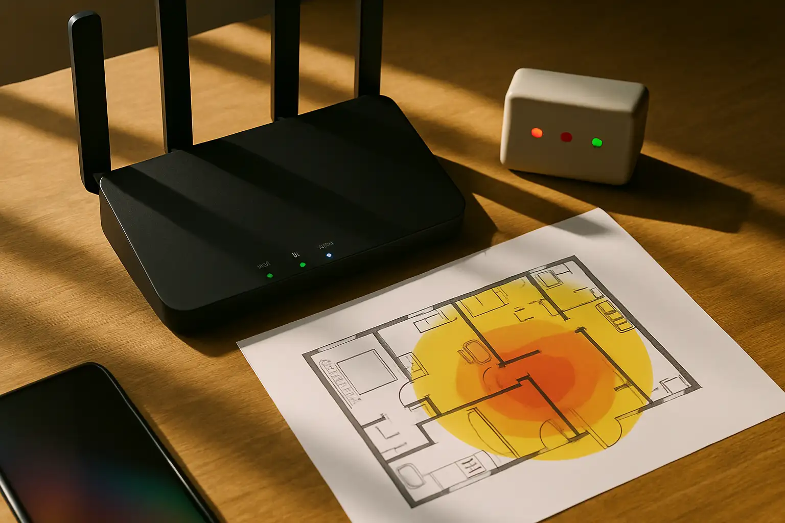 インターネット接続の仕組みを示した図解。光回線ケーブル、WiFiルーター、スマートフォン、デスクトップが表示されている。