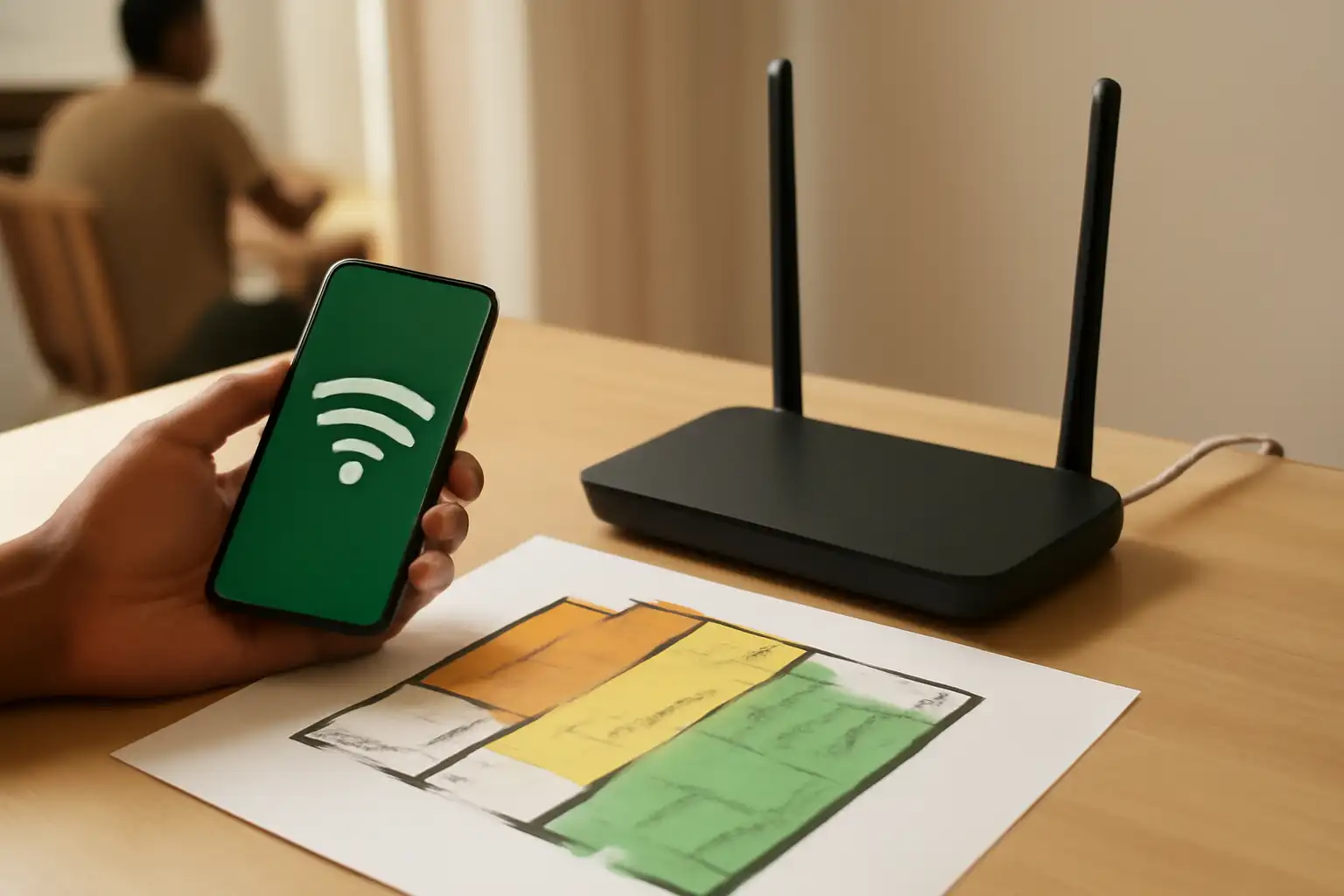 インターネット接続の仕組みを示した図解。光回線ケーブル、WiFiルーター、スマートフォン、デスクトップが表示されている。