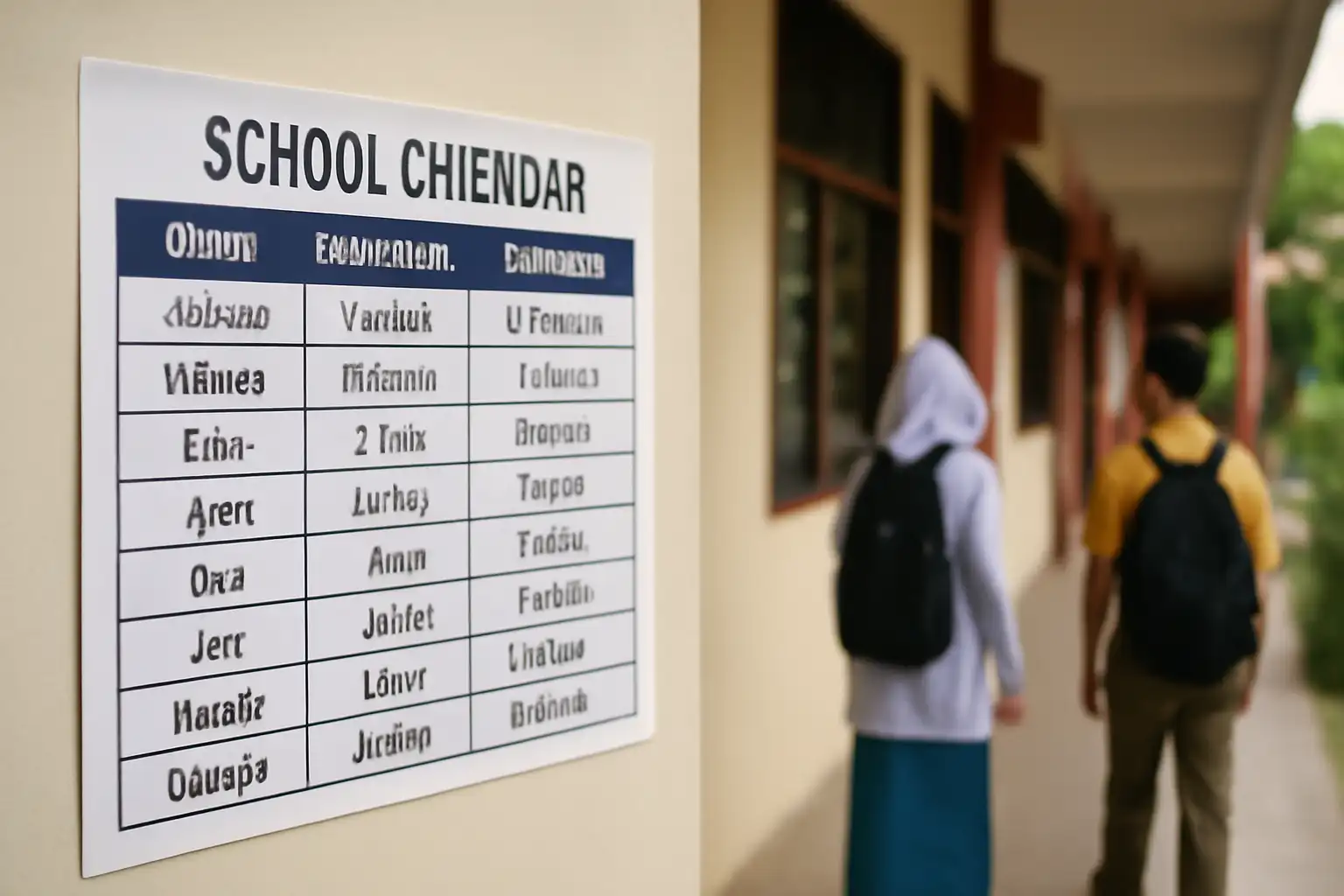 マレーシアの学校カレンダーを眺める親が、日本のカレンダーと比較しながら考えている様子。