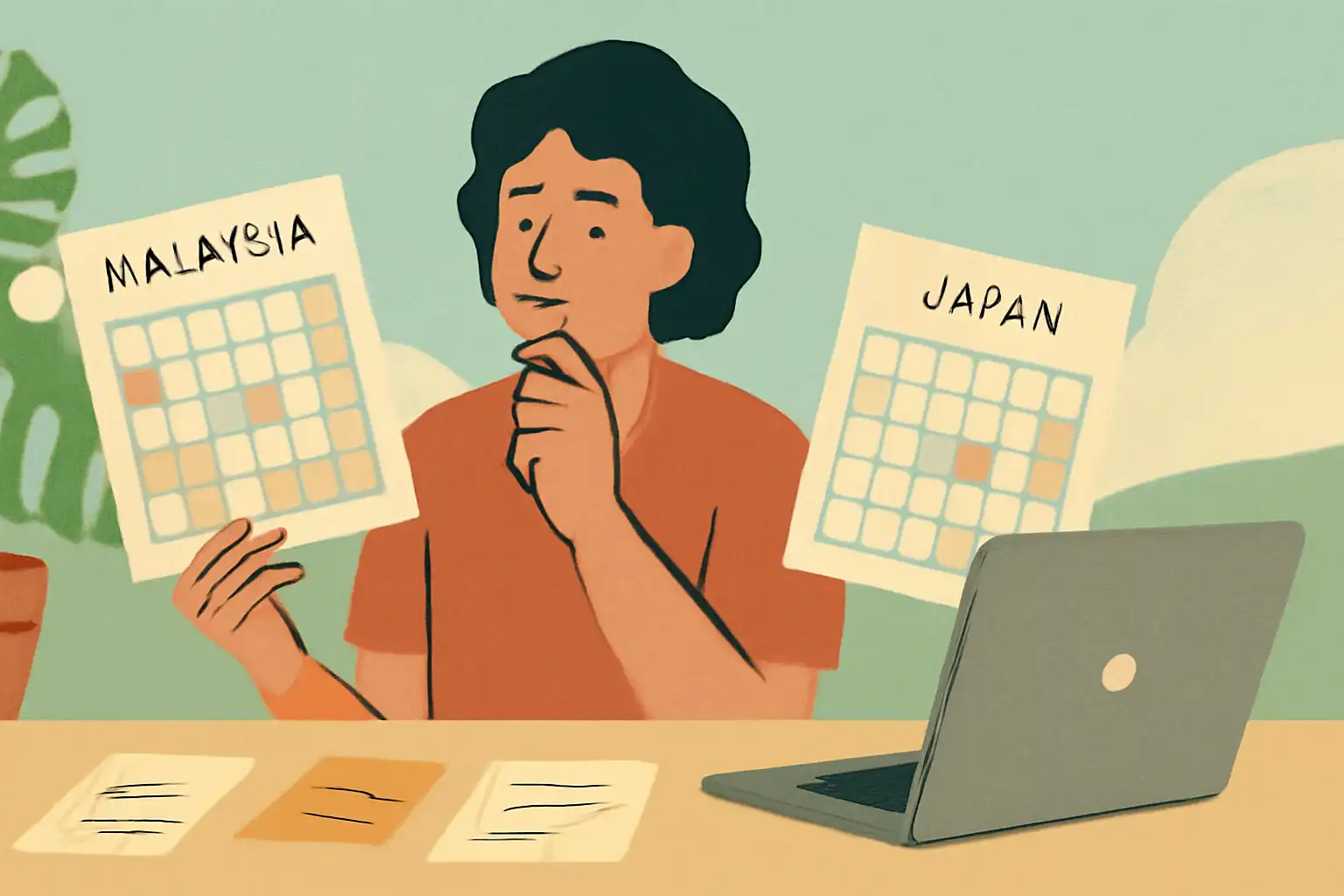 マレーシアの学校カレンダーを眺める親が、日本のカレンダーと比較しながら考えている様子。