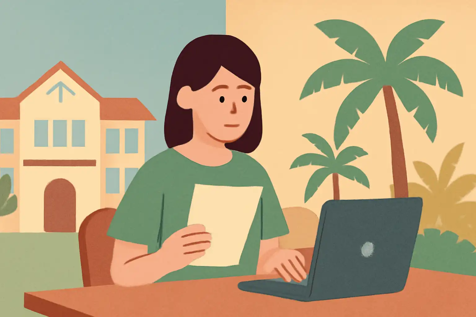 ノートパソコンと書類を手にしながら、異なる時間帯の風景が背景に映る女性が、日本とマレーシアの学校間での連絡を取り合っている様子。