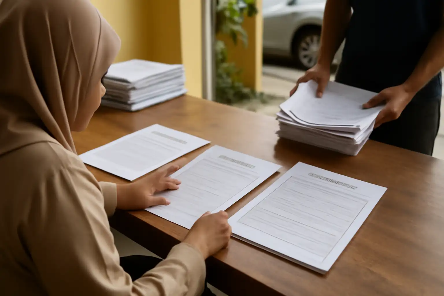 マレーシアのインター校の教室で、英語の成績証明書を手にする保護者と、窓越しにクアラルンプールの街並みが見える場面