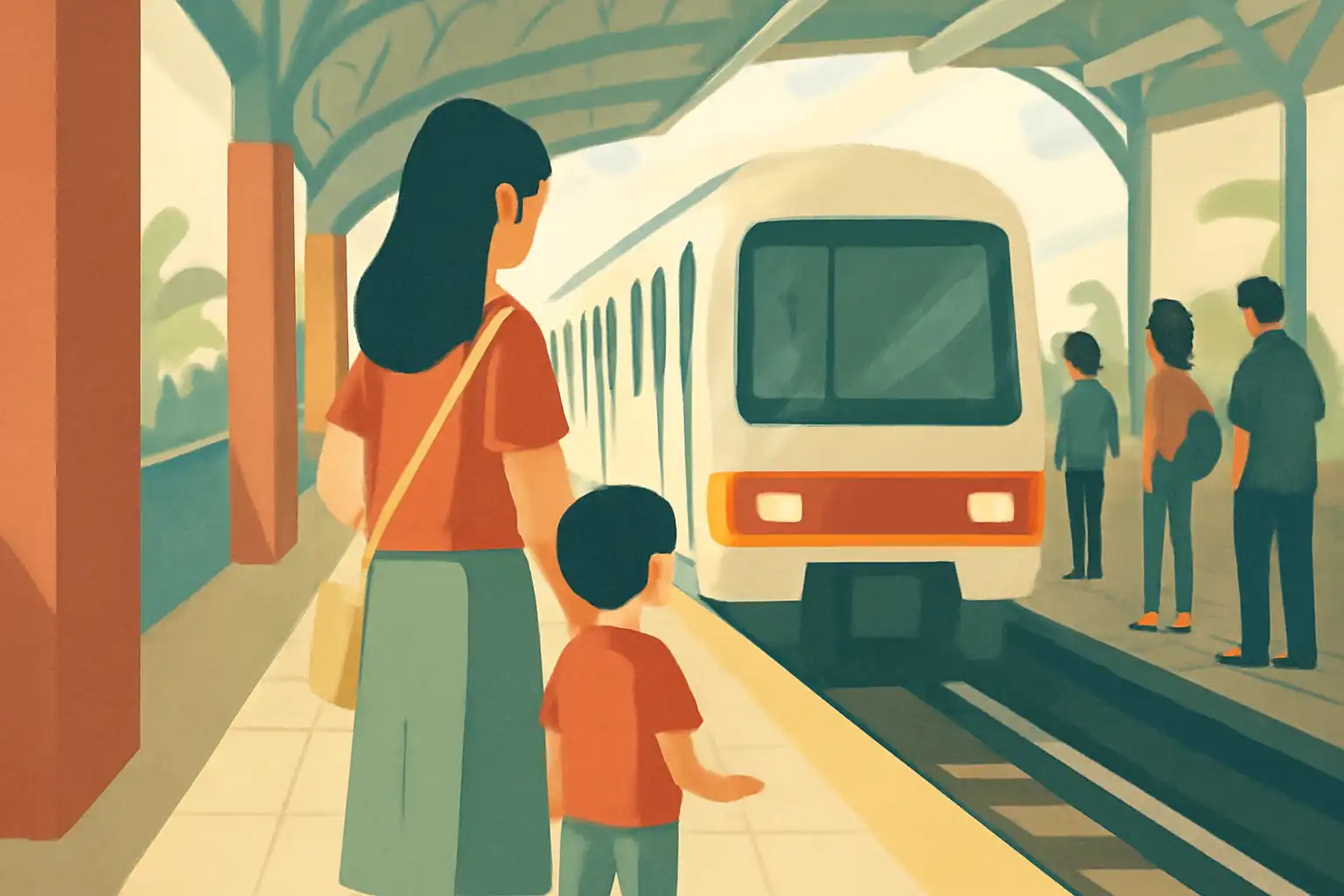 母親が駅で子どもを見守り、LRTが到着している朝の駅のプラットフォーム