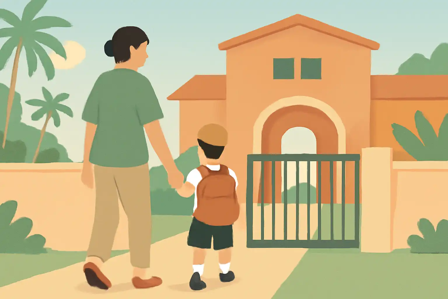 登校中の子どもが信頼できる大人と一緒に学校の門を歩いている場面