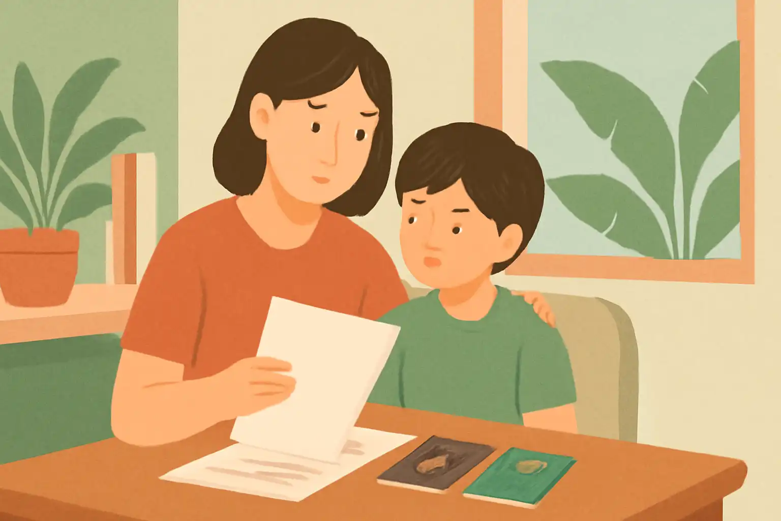 母親と子どもが学校の書類を机で確認しながら、パスポートとペンを持っている光景