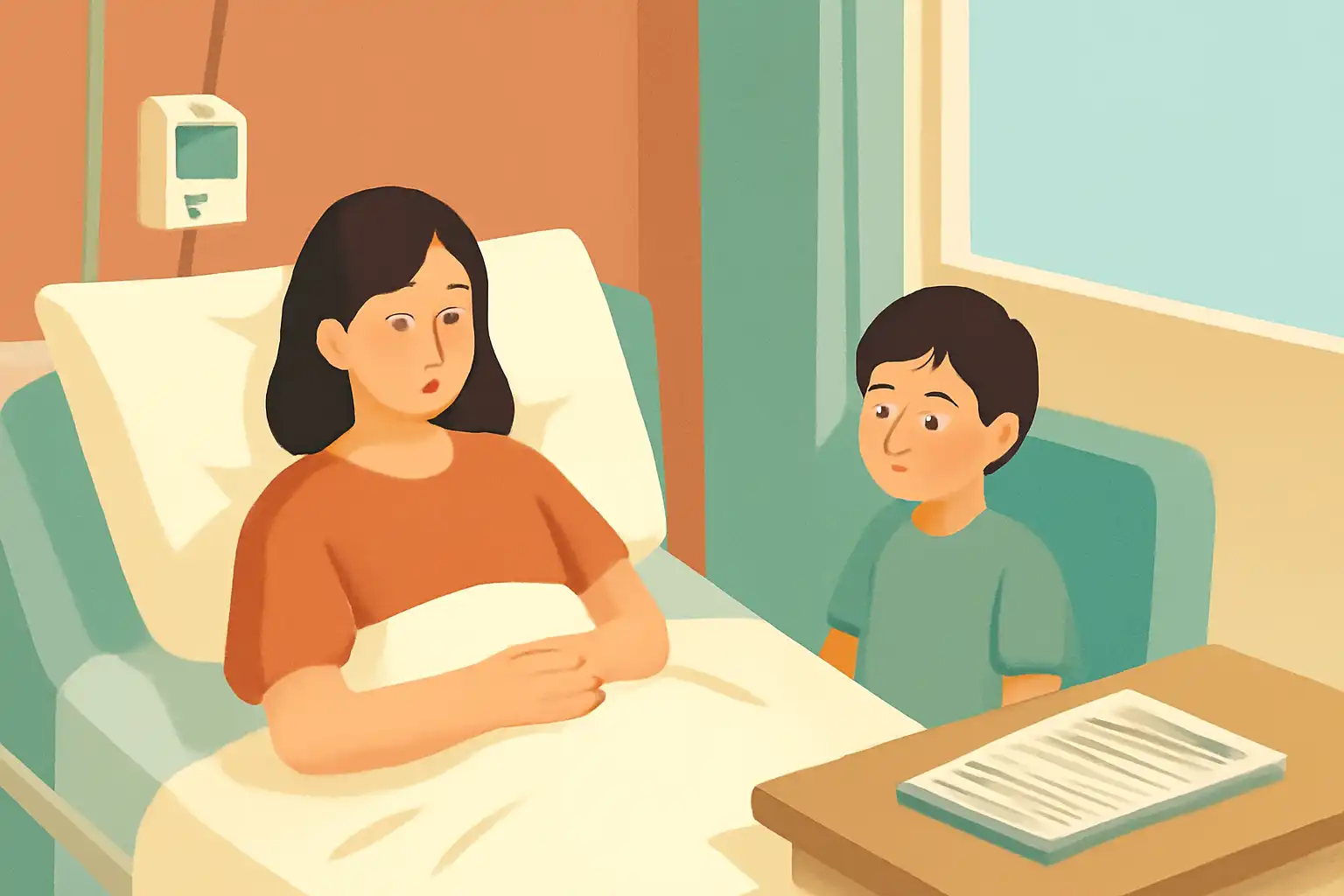 ベッドに横たわる母親と、隣に座って心配そうに見守る子ども