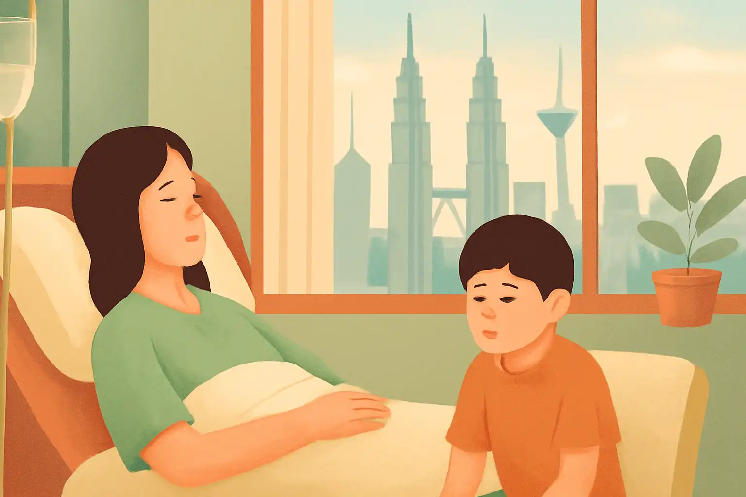 ベッドで横になっている女性と、隣の椅子に座ってお見舞いに来た小学生の子ども