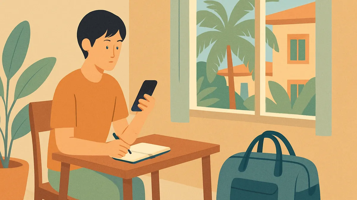 スマホとメモを手に到着後の手続きを確認する人