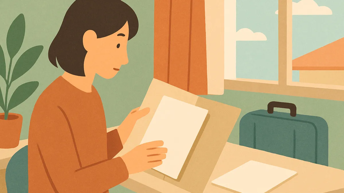 日本の自宅の机で渡航前の書類を整理する人