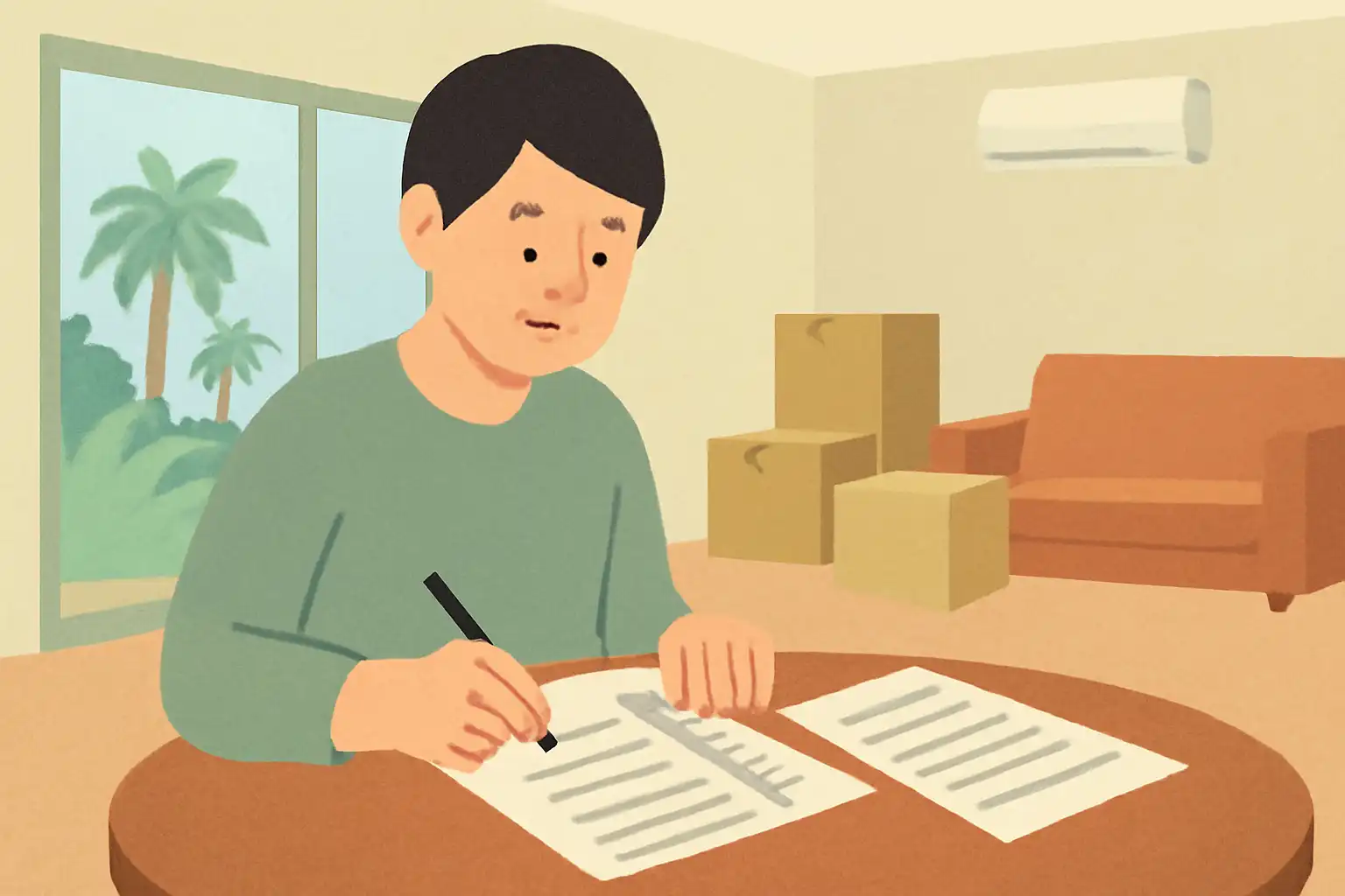 リビングルームで書類を整理しながら確認する人物の手元