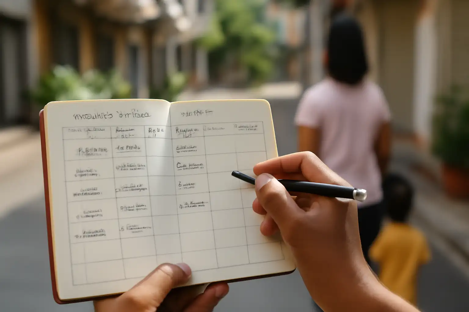 母親とヘルパー、子どもが自宅で一緒に過ごしながら、カレンダーを確認している様子。