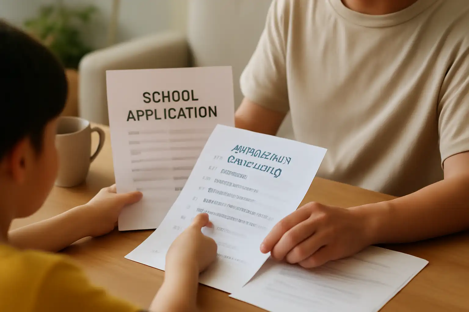 母親と子どもが帰国前に学校の資料を一緒に見ている場面