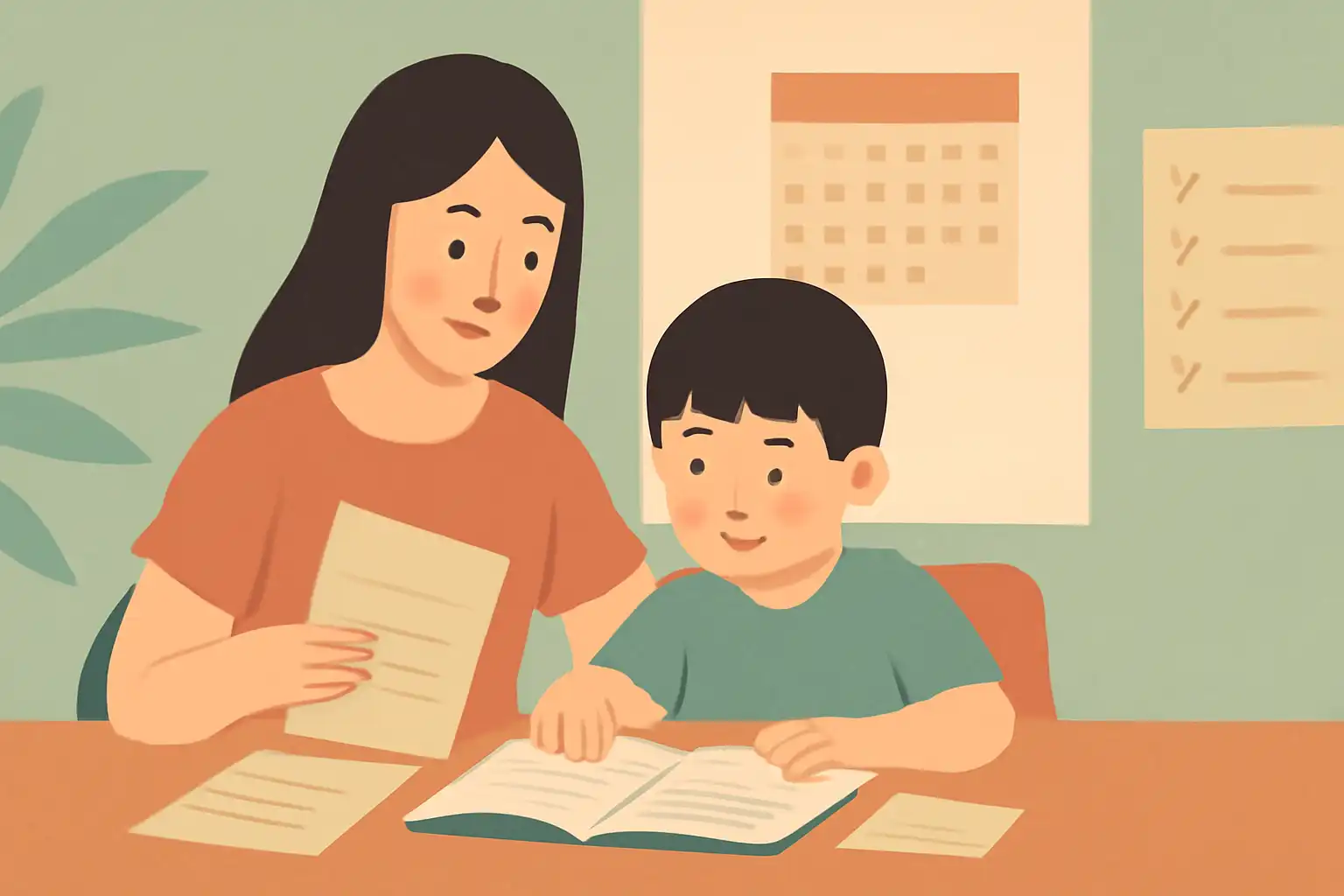 母親と子どもが帰国前に学校の資料を一緒に見ている場面