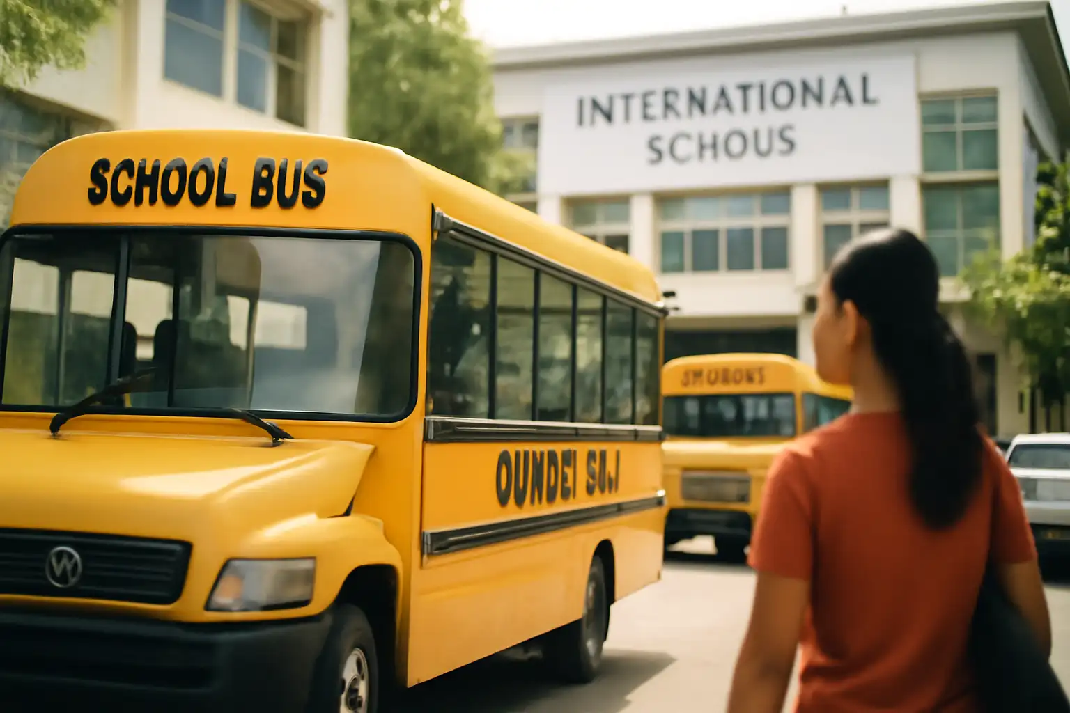 学校帰りにバスから降りる子どもを迎える保護者の姿。熱帯気候の街並みが背景。