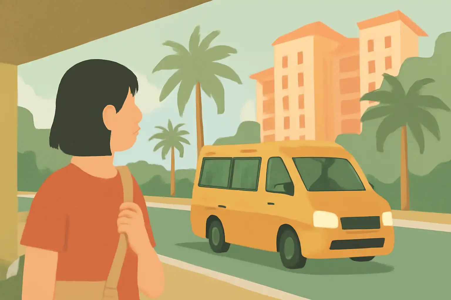 学校帰りにバスから降りる子どもを迎える保護者の姿。熱帯気候の街並みが背景。