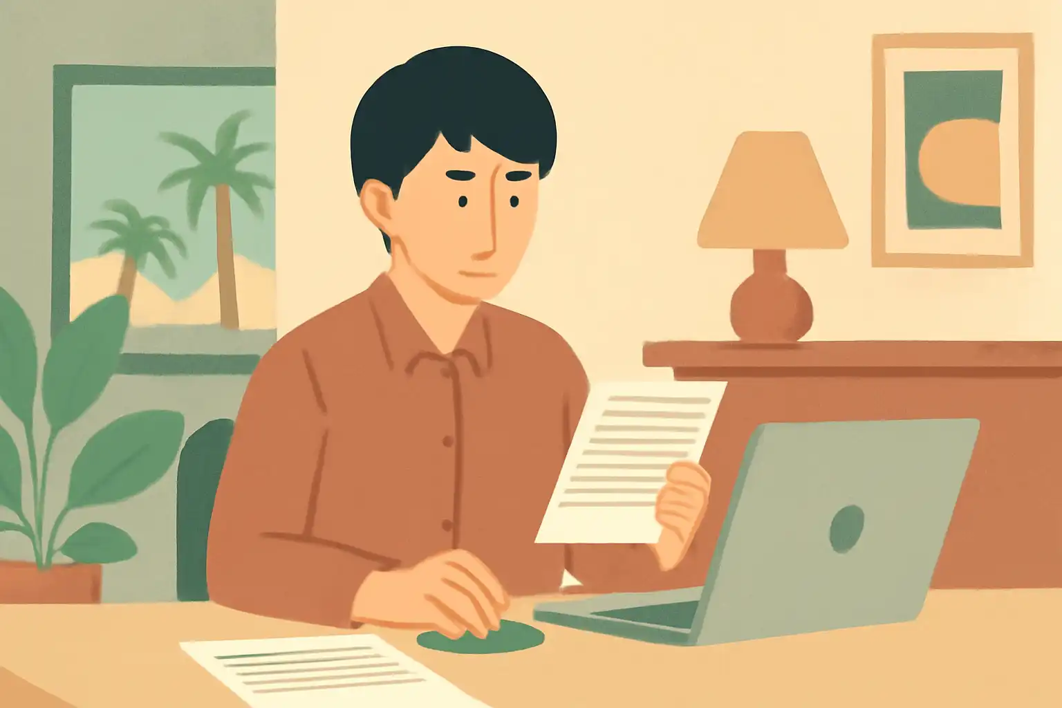 給与明細書を見ながら、マレーシアの銀行口座とEPFの書類を確認する単身の日本人社員。