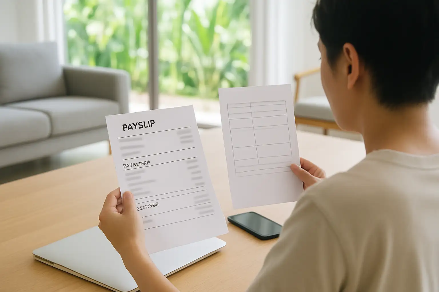 マレーシアの給与明細を見ながら、ノートに控除項目をメモしている単身社会人の手元