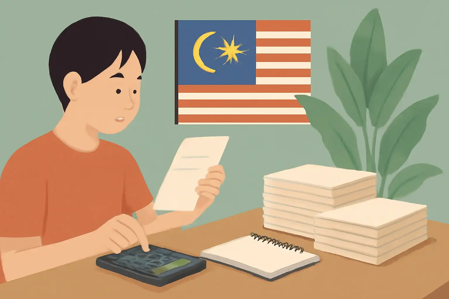 マレーシアの給与明細を見ながら、ノートに控除項目をメモしている単身社会人の手元