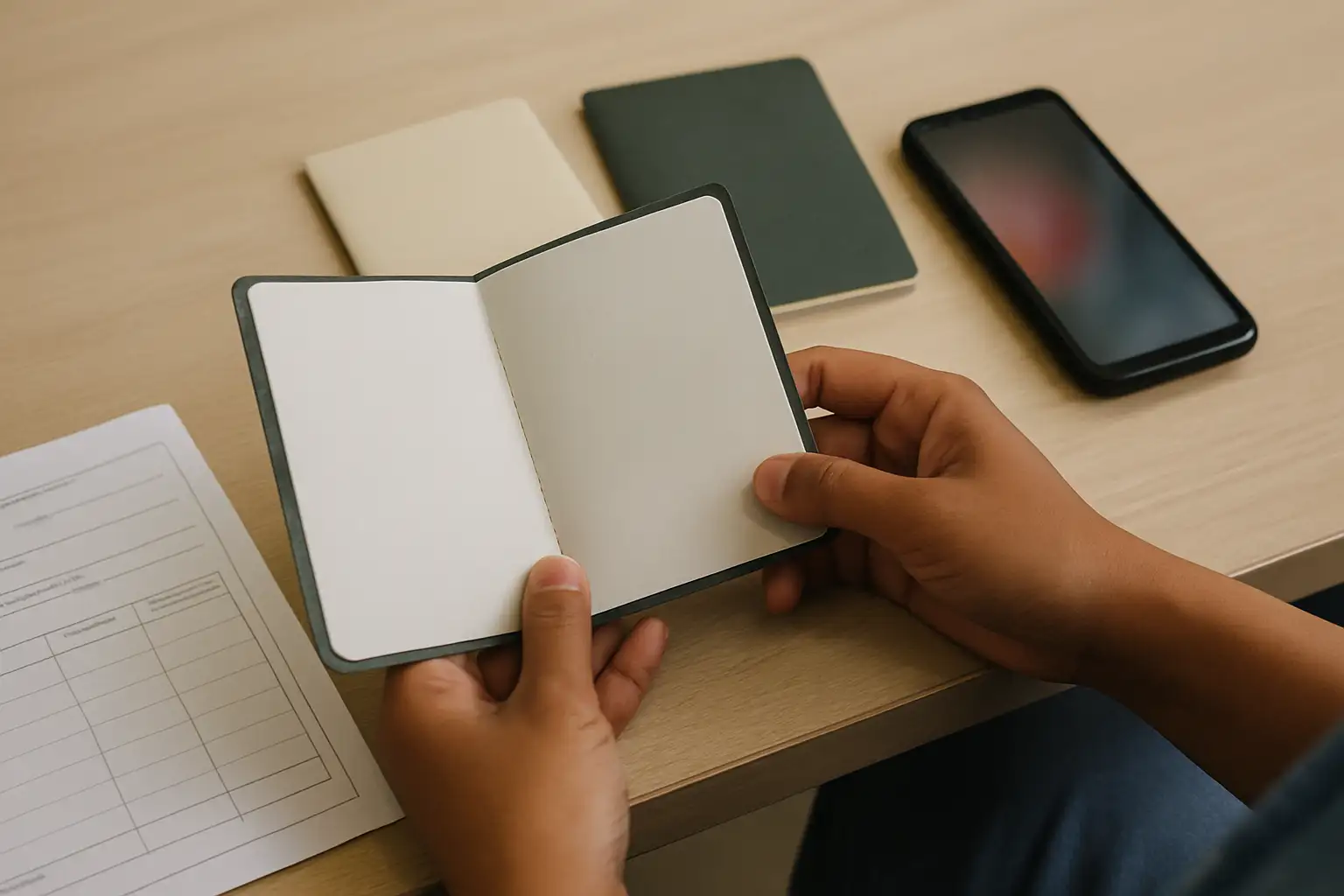 オフィスデスクに座る母親がパスポートと書類に目を通しながら、隣で立つ子どもが待っている場面。