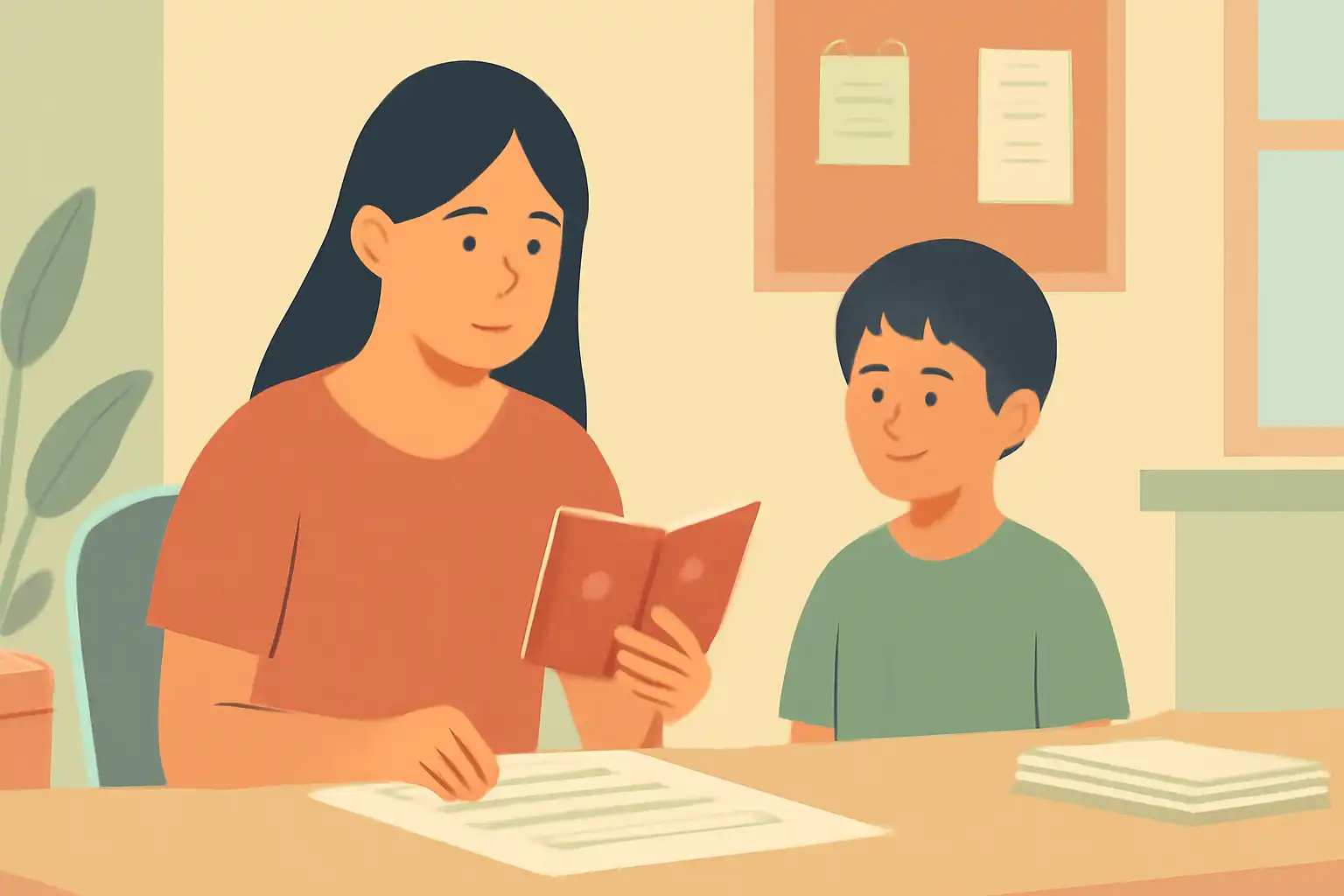 オフィスデスクに座る母親がパスポートと書類に目を通しながら、隣で立つ子どもが待っている場面。