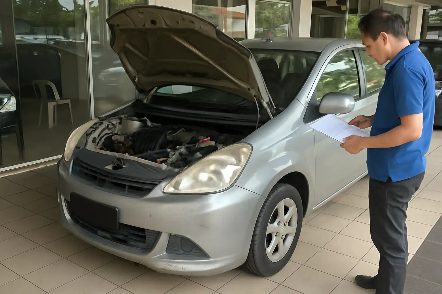 中古車をボンネットを開けて点検している人の様子