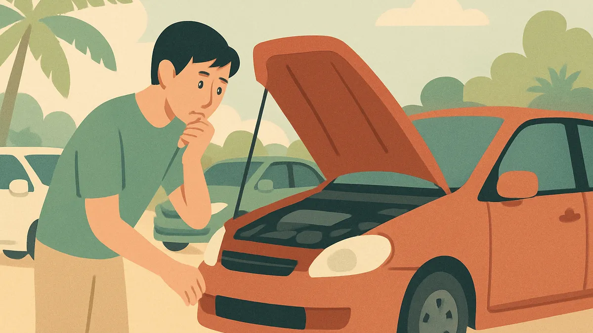 中古車をボンネットを開けて点検している人の様子