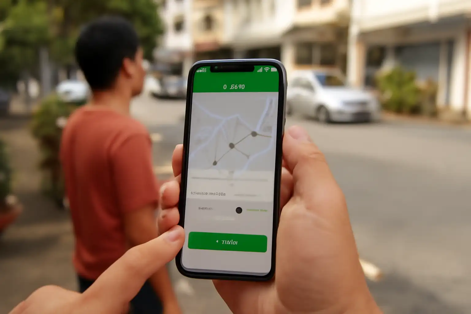 スマホの配車アプリで車を待つ人と、近づいてくる車