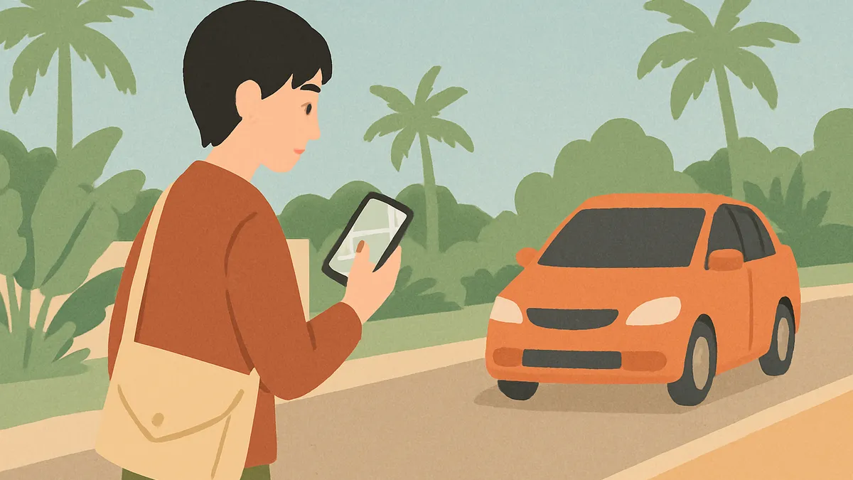 スマホの配車アプリで車を待つ人と、近づいてくる車